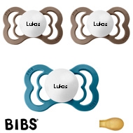 BIBS Supreme Schnuller mit Namen, Symmetrisch Latex Gr. 2, 2 Dark Oak, 1 Dark Teal, 3'er Pack